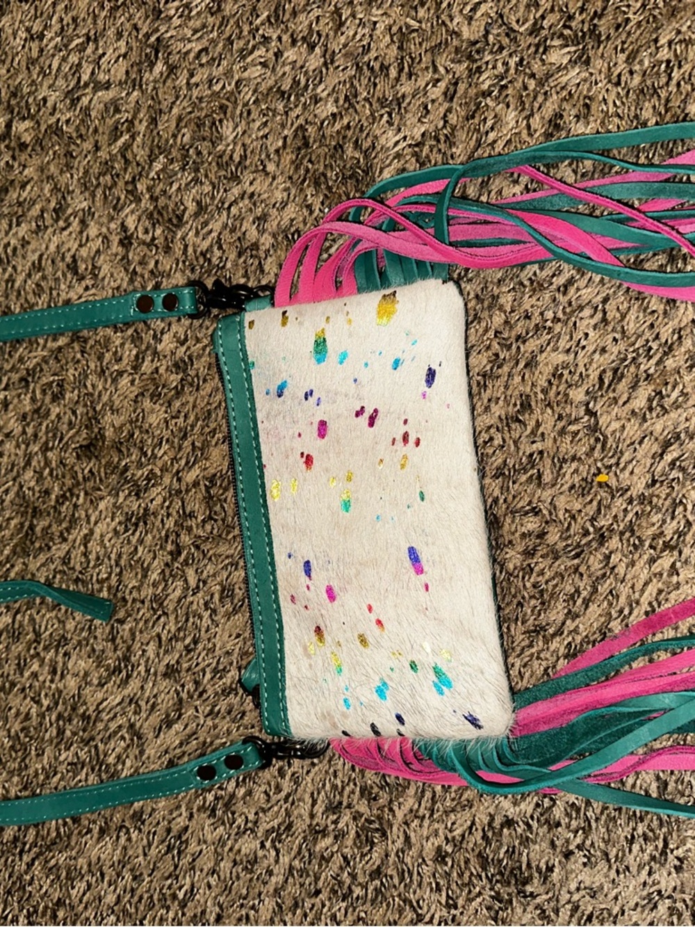 American Darling rainbow hide - Fringe Crossbody Bag with Teal and Pink Accents